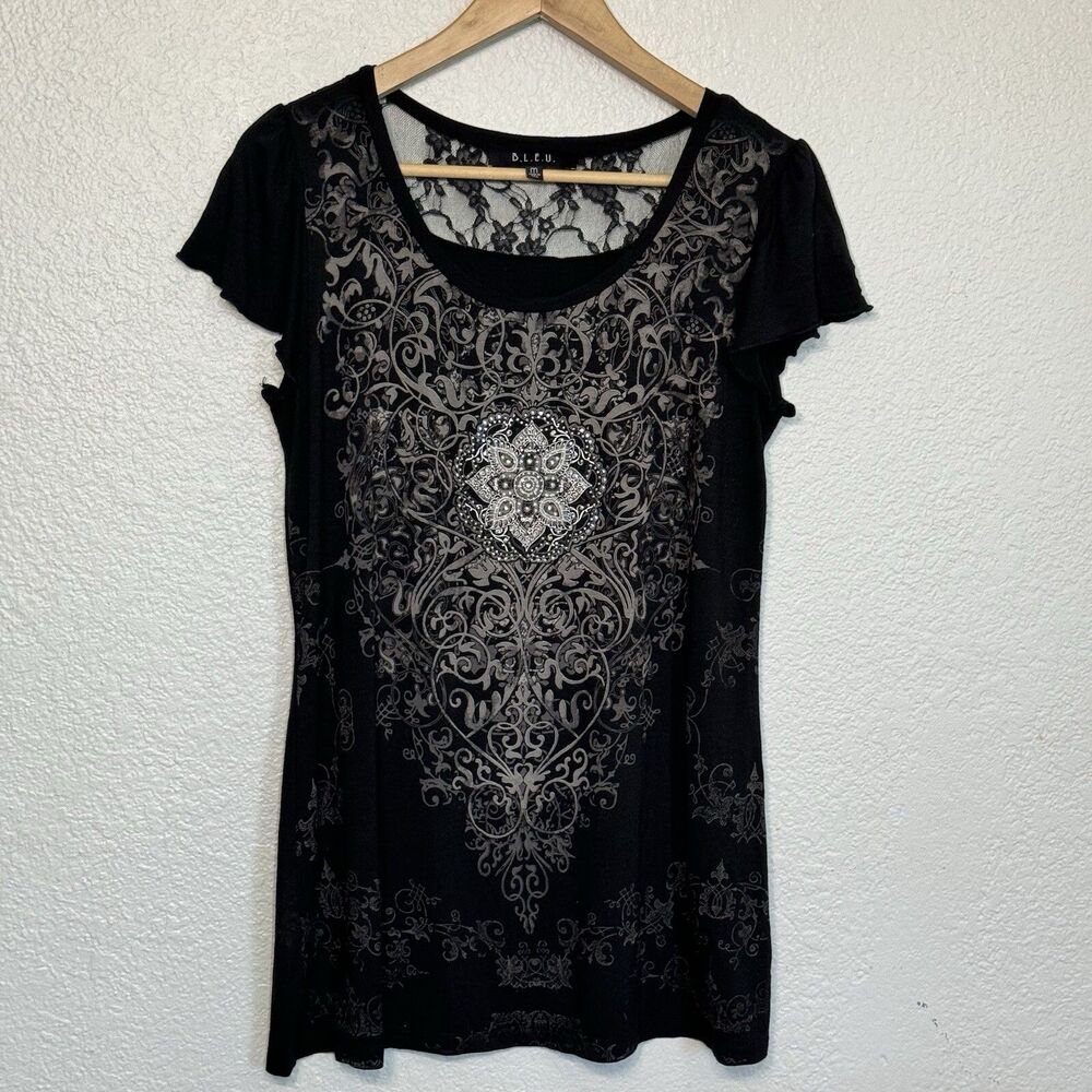 VTG Y2K Top Black Lace Embellished Rhinestones Dark Fairy Goth USA Made Women M